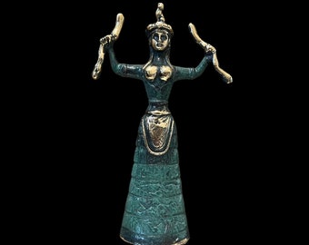 Minoan Snake Goddess Figurines, Bronze Metal Art Sculpture, Museum Replica, Cretan Statue, Minoan Civilization