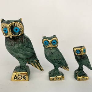 Bronze Set Owls of Athena, Greek Symbol of Wisdom , Metal Art Sculpture, Athena, Animals, Bronze Statue