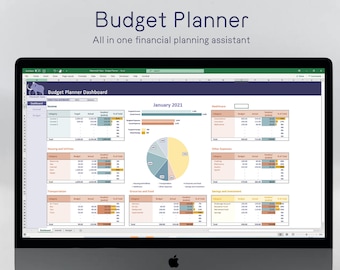 May include: A computer screen displaying a budget planner spreadsheet with a colorful pie chart and the text "Budget Planner Dashboard" and "January 2021".