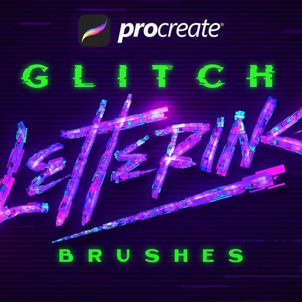 Procreate Glitch Lettering Brushes & Swatches, Neon Fonts, Procreate Calligraphy Font, Procreate font stamp, procreate Fonts Retro