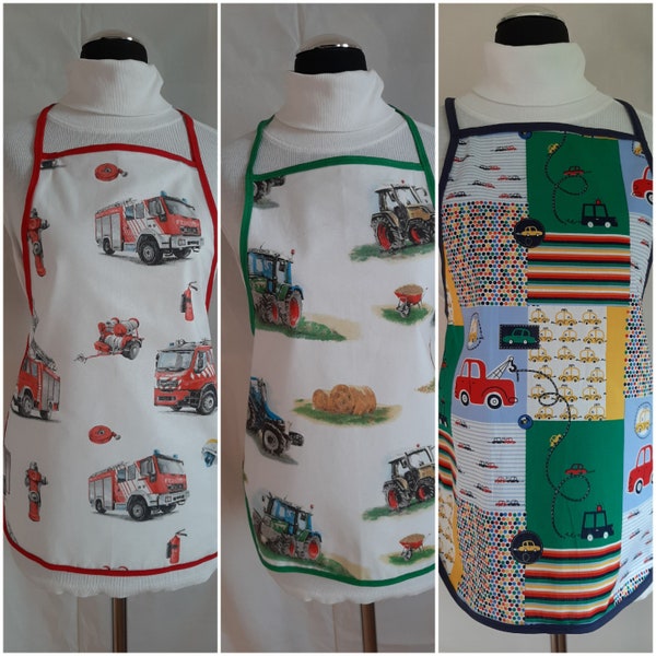 Apron for children up to 6 years, vehicles, farm, tractor, fire brigade, birthday gift, cooking, baking