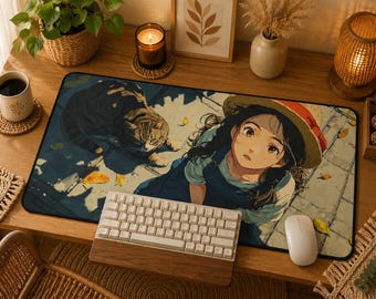 Animeflicka och katt skrivbordsmatta, kawaii japansk musmatta XL, söt estetisk skrivbordsmatta, manga-spelmusmatta, mysig anime-rumsdekorationspresent