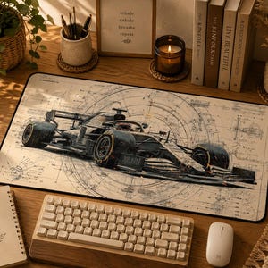 May include: A rectangular desk mat featuring a detailed technical blueprint illustration of a Formula 1 race car in black and grey tones. The design includes intricate mechanical lines, circular geometric patterns, and technical annotations printed on a light beige background with a black border.