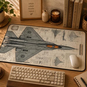 May include: A rectangular desk mat featuring a detailed technical blueprint of a fighter jet in shades of grey and beige. The design includes schematic drawings of the aircraft from multiple angles, technical annotations, and a bright orange cockpit.