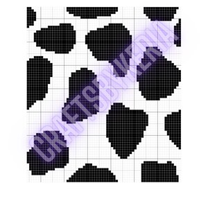 Op de afbeelding: Zwart-wit pixel art patroon van koeievlekken op een witte achtergrond.