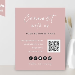 Tarjeta Boho Connect With Us, signo de redes sociales, síguenos en las redes sociales, plantilla de signo editable, signo de bricolaje, plantilla Canva, Instagram, negocio FB