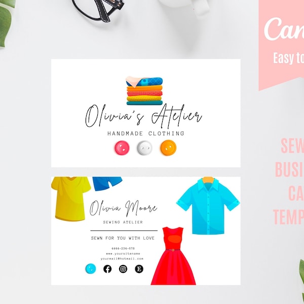 Sewing Business Cards Template Editable in Canva, Small Business Horizontal Template, Sewing Business Card Design, Fashion Visiting Card,