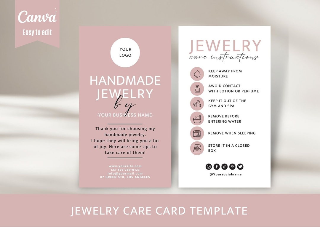 Jewelry Care Card, Printable Jewellery Care Instructions, Editable ...