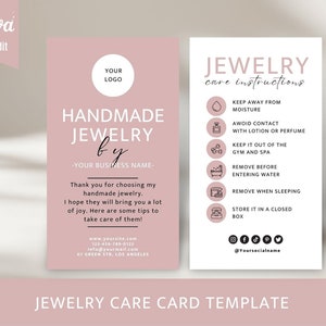 Tarjeta de cuidado de joyas, Instrucciones de cuidado de joyas imprimibles, Inserciones editables para el cuidado de joyas, Tarjetas de cuidado de pendientes, Cuidado de pulseras, Plantilla Canva