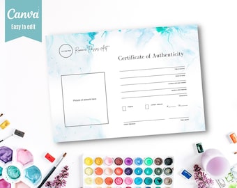 Certificate of Authenticity Editable in Canva, Template for Original Art, Paintings, Artist, Easily-editable Canva template for artists.