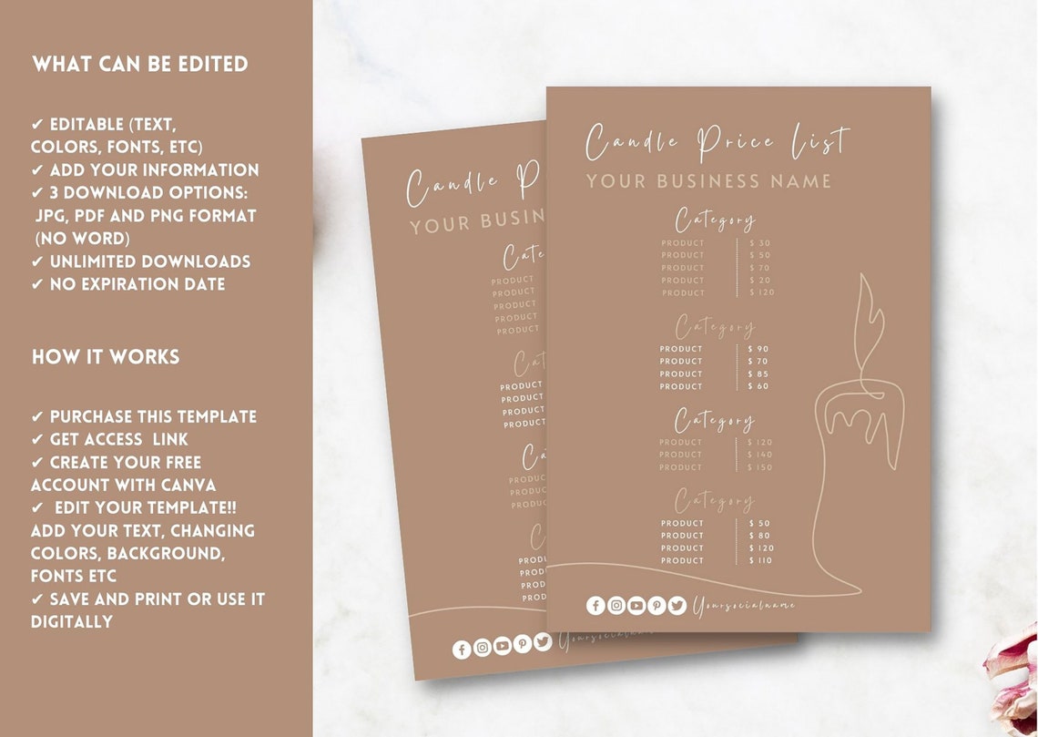 Candle Price List Template, Small Business Price List, Modern Wax Price