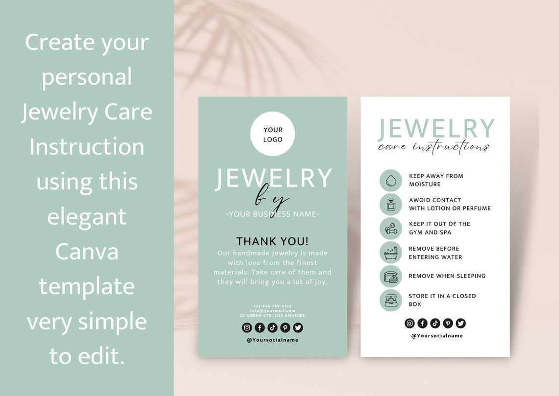 Jewelry Care Card, Printable Jewellery Care Instructions, Editable ...