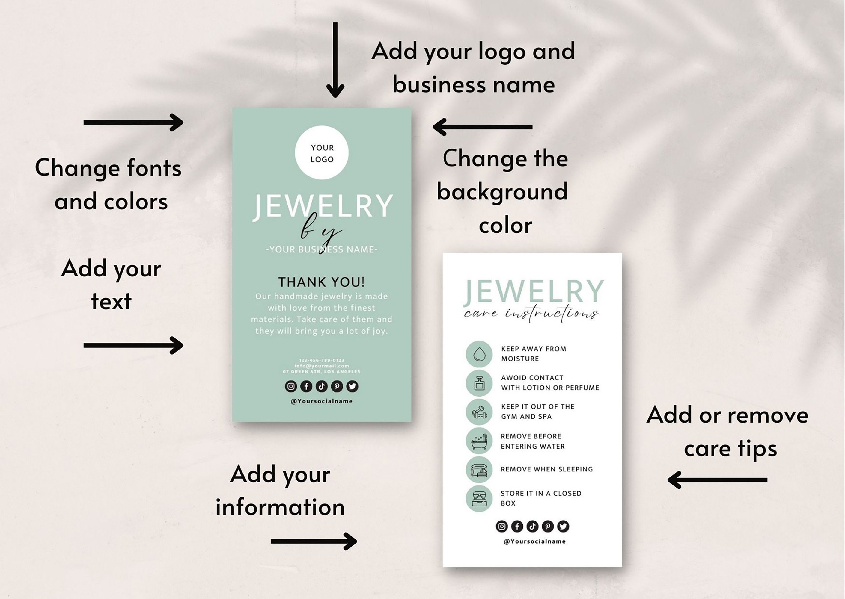 Jewelry Care Card, Printable Jewellery Care Instructions, Editable ...
