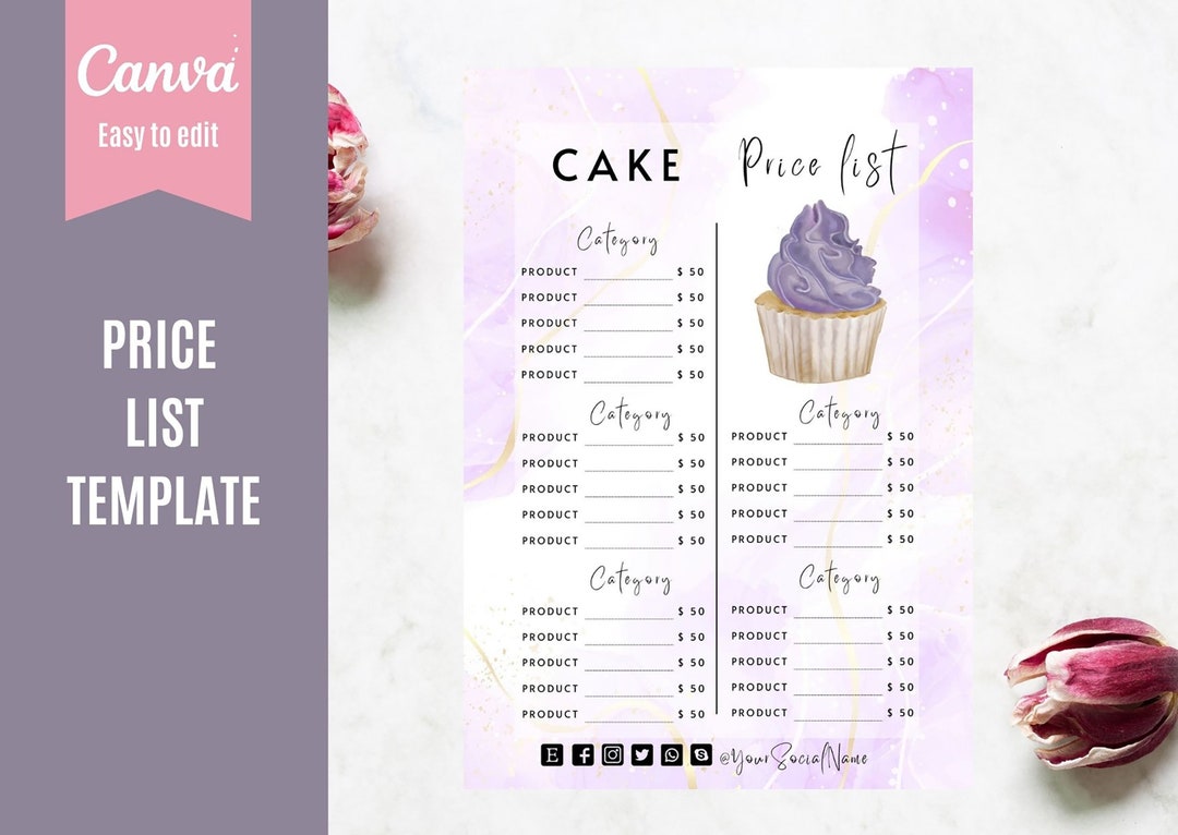 Editable Cake Price List Template for Canva, Bakery Business Price List