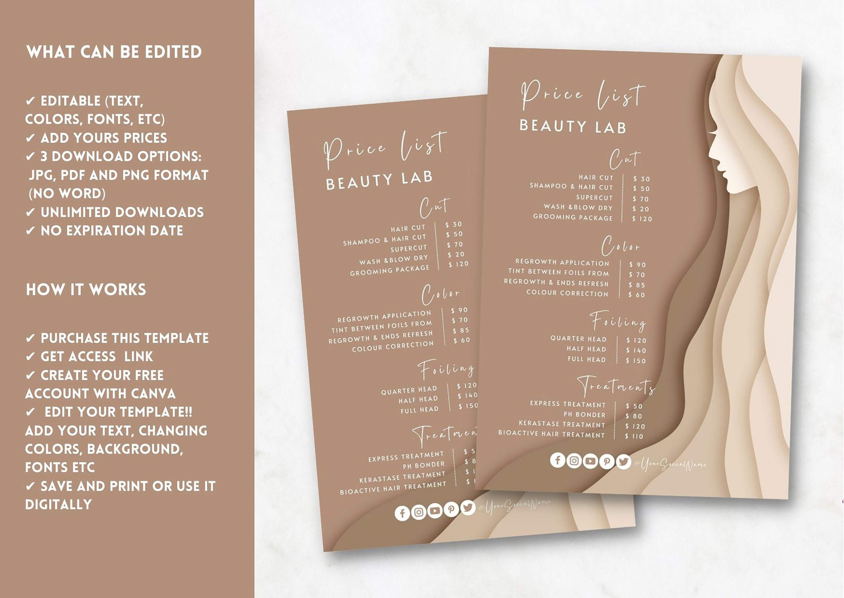 Beauty Price List Template, Small Business Price List, Modern Salon