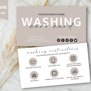 Editable Washing Instructions Canva Template, Boho Printable Apparel Insert Card, Modern Washing Instructions, Clothing Care Card Template.