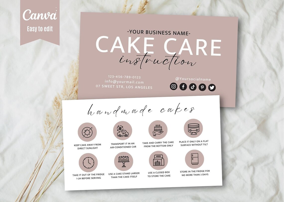 Cake Care Card Template, Canva Editable Cake Care Guide, Printable Boho ...
