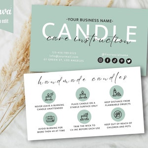 Candle Care Card, Printable Tiffany Candle Care Instructions with Icons, Editable in Canva Candle Safety Guide, Small Business Parcel Insert