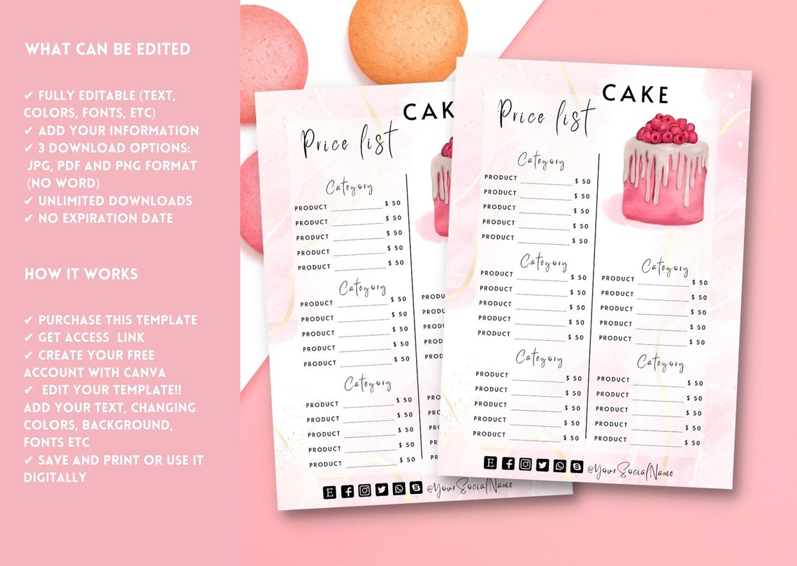 Cake Price List Template Bakery Business Price List Bakery Etsy