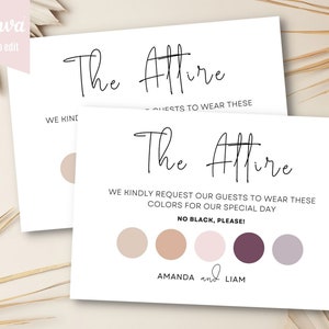 May include: Two white cards with the text "The Attire" in black cursive. The cards request guests to wear specific colors for a special day. The colors are represented by five circles in shades of beige, pink, and purple. The text "No Black, Please!" is also included. The bottom card includes the names "Amanda and Liam".