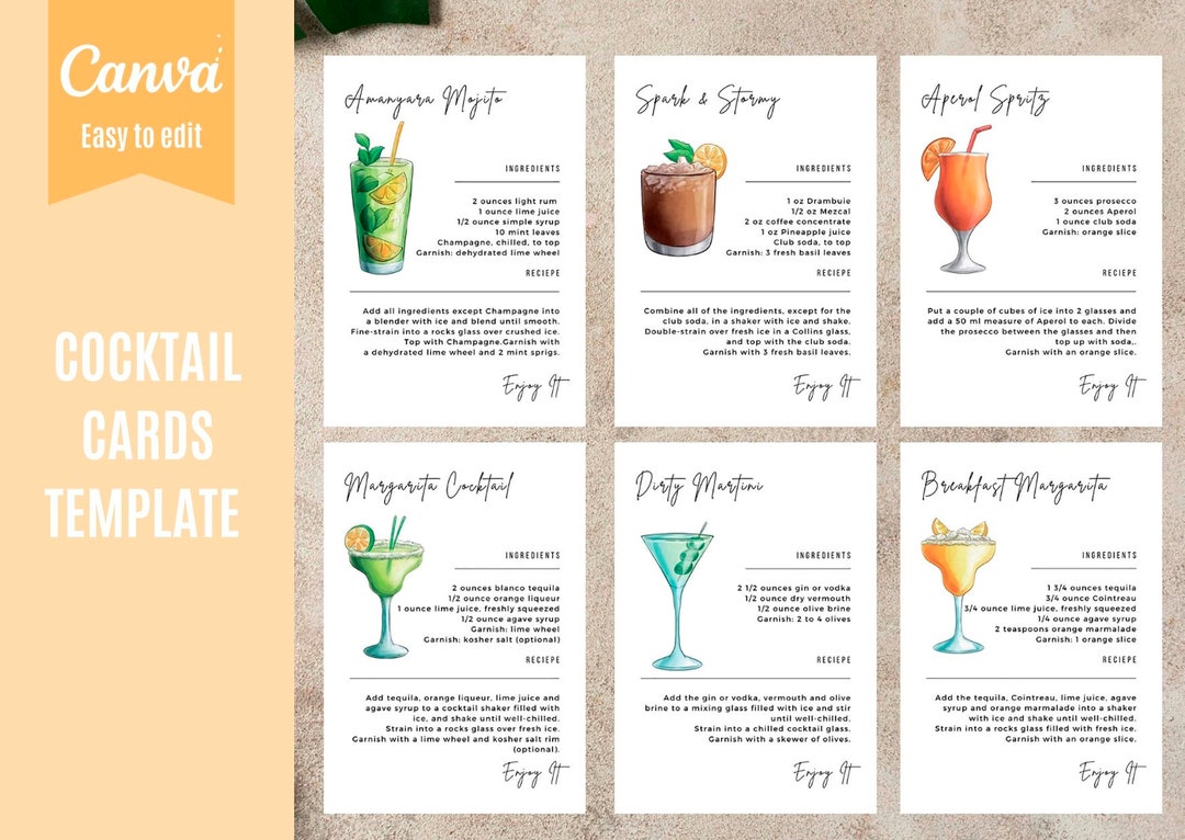 Cocktail Recipe Card Template Canva, Drink Recipe Cards Printable, Bar