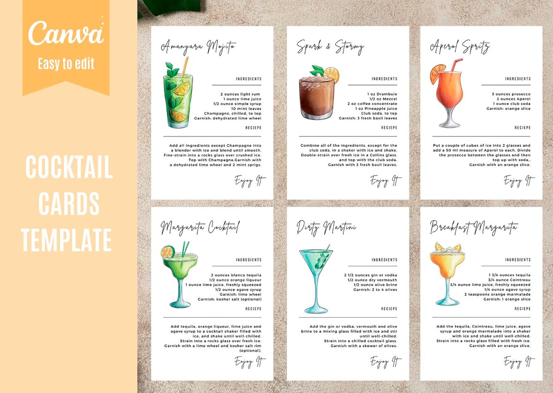 Cocktail Recipe Card Template Canva Drink Recipe Cards Etsy