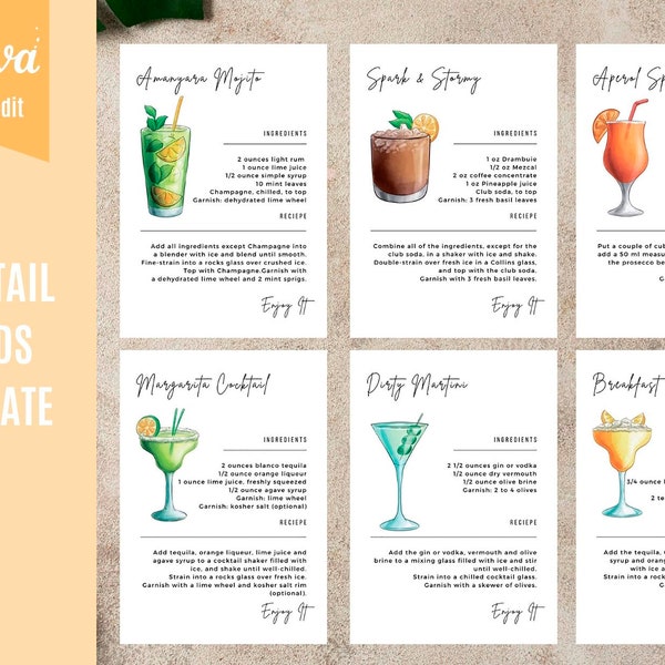 Cocktail Recipe Card Template Canva, Drink Recipe Cards Printable, Bar Drink Recipe Card, Editable Recipe Card, DIY Recipe Cards, Ingredient
