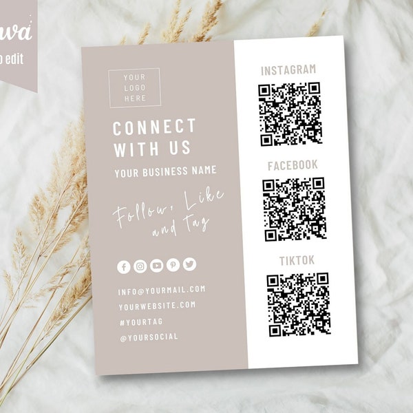 Boho Connect With Us Card, Suivez-nous sur les médias sociaux, Signe de médias sociaux, Modèle Canva modifiable, Signe de bricolage, Instagram, FB, TikTok business