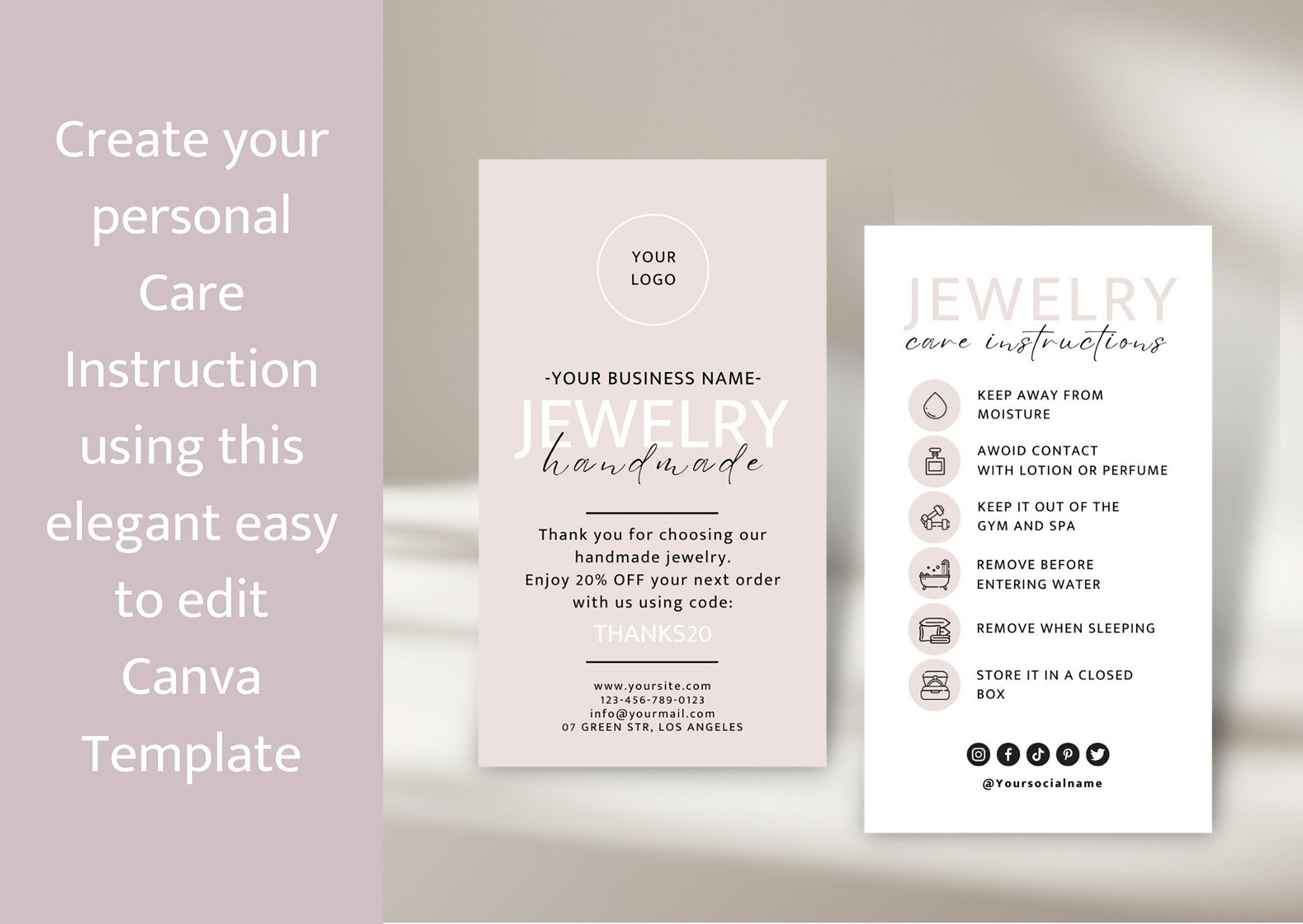 Editable Jewelry Care Card Template, Printable Jewelry Care ...