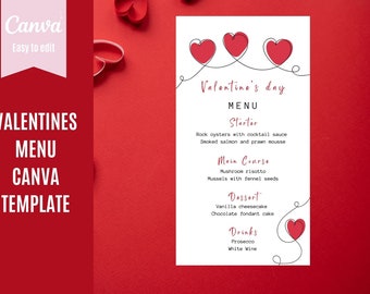 Valentines Day Menu, Red Hearts Dinner Party Menu, Anniversary Birthday Valentine's Slim Menu, Restaurant Menu Editable Template for Canva