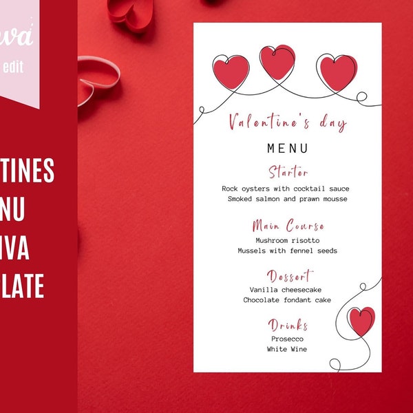 Valentines Day Menu, Red Hearts Dinner Party Menu, Anniversary Birthday Valentine's Slim Menu, Restaurant Menu Editable Template for Canva