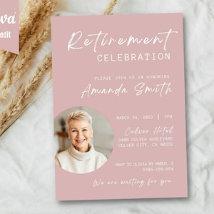 Frau Ruhestand Party Einladung, Ruhestand Feier Karte mit Foto, moderne bearbeitbare rosa Ruhestand einladen, sofortiger Download PDF, JPG