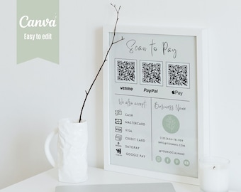 Scan to Pay Card Template Editable in Canva, QR Code Sign, CashApp PayPal Sign for Small Business, Venmo Payment Printable. Price List Card