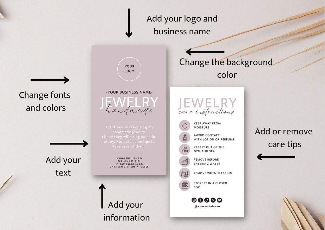 Jewelry Care Card, Printable Jewellery Care Instructions, Editable ...