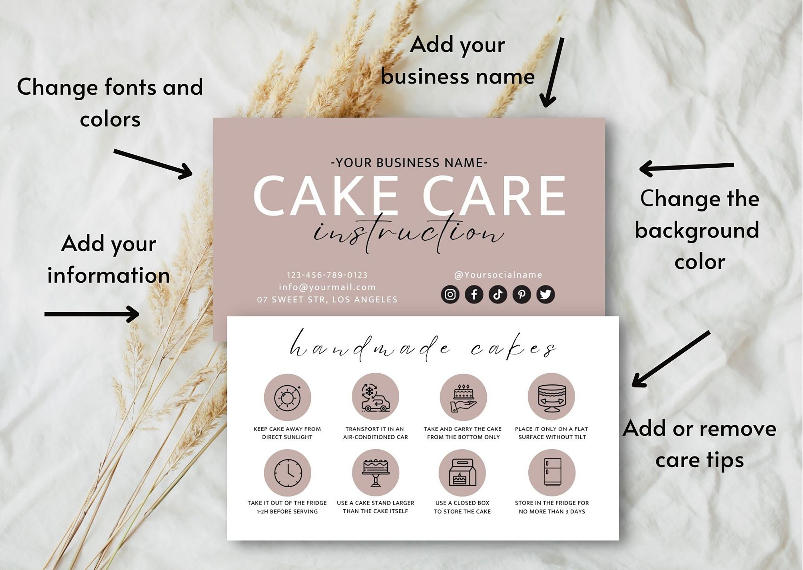 Cake Care Card Template, Canva Editable Cake Care Guide, Printable Boho ...