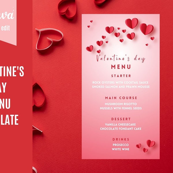 Valentines Day Menu Printable Template, Red Hearts Dinner Party Menus, Anniversary Birthday Valentine's Slim Tables Card, Restaurant Menu