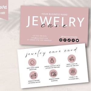 Carte d'entretien des bijoux, instructions d'entretien des bijoux imprimables, inserts d'entretien des bijoux modifiables, cartes d'entretien des boucles d'oreilles, entretien du bracelet, modèle Canva