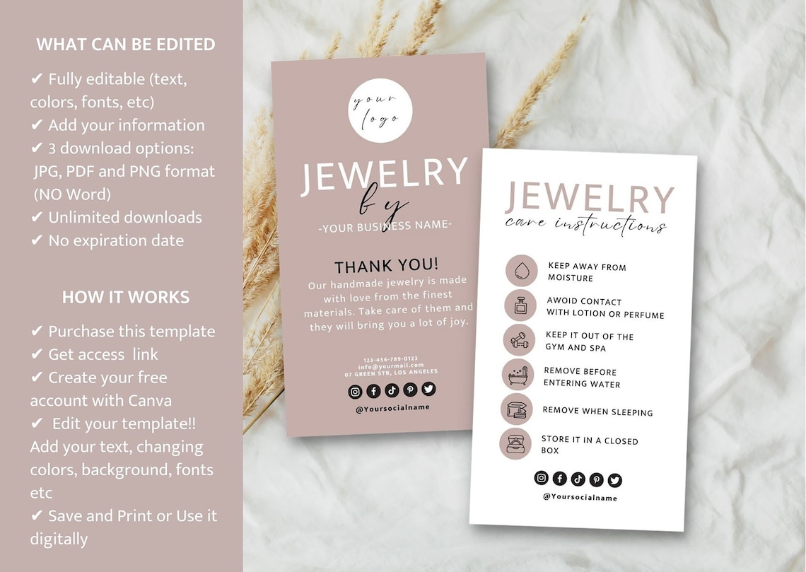 Jewelry Care Card, Printable Jewellery Care Instructions, Editable ...