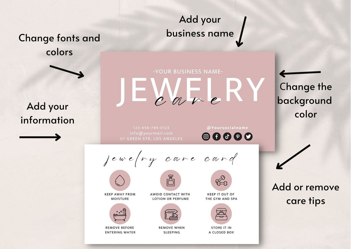 Jewelry Care Card, Printable Jewellery Care Instructions, Editable