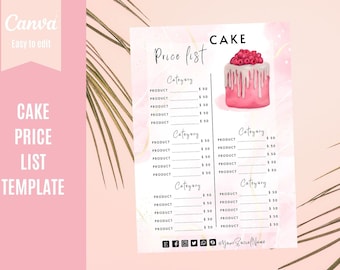 Cake price list template, Bakery business price list, bakery menu template, Dessert price list, Editable price list template for Canva