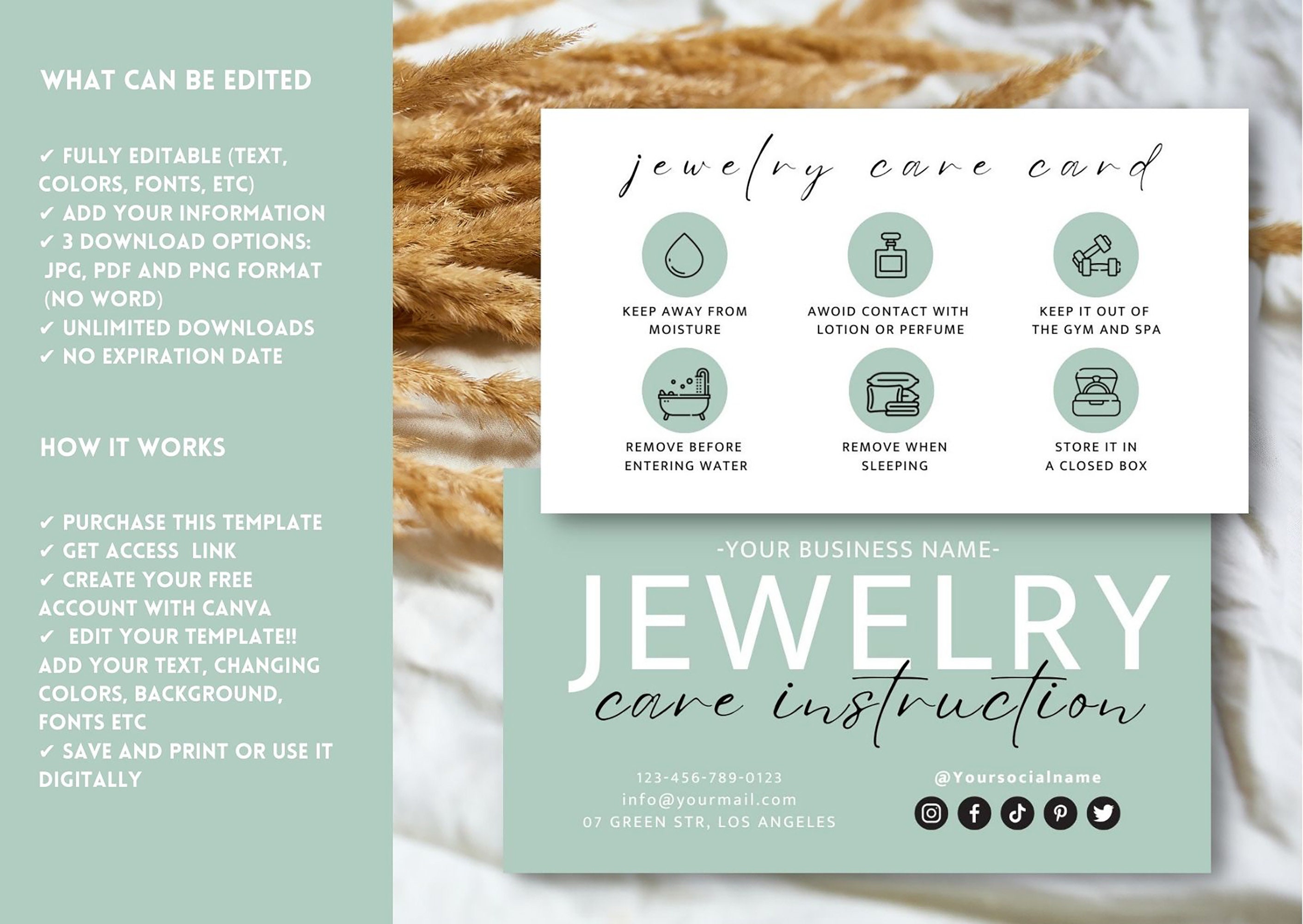 Jewelry Care Card, Printable Jewellery Care Instructions, Editable ...