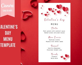 Valentines Day Menu Editable Template for Canva, Red Hearts Dinner Party Menu, Anniversary Birthday Valentine's Slim Menu, Restaurant Menu