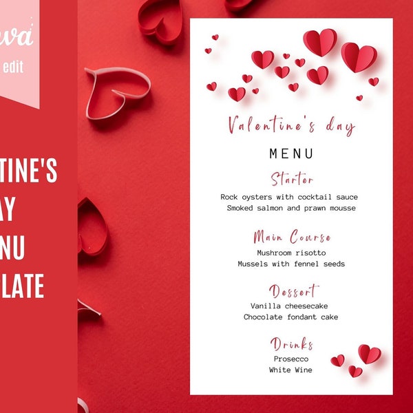 Modello modificabile per menu di San Valentino per Canva, menu per cena con cuori rossi, menu sottile di San Valentino per anniversario di compleanno, menu del ristorante