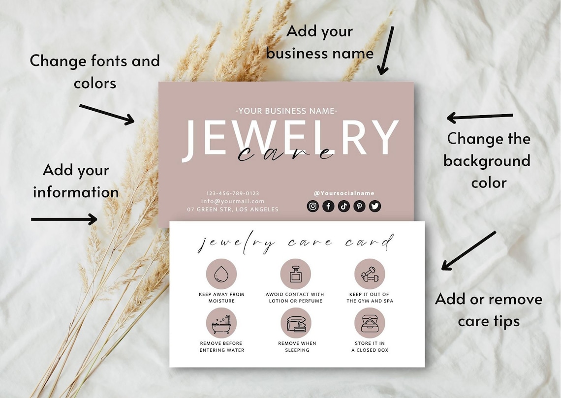 Jewelry Care Card, Printable Jewellery Care Instructions, Editable ...