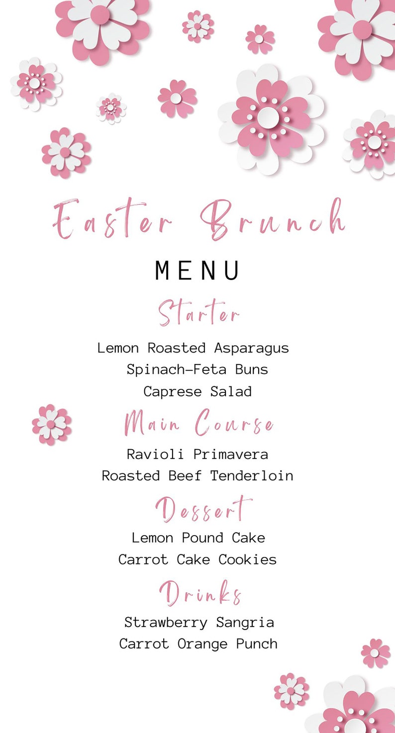 Easter Menu Card Template Printable Flower Easter Brunch Etsy