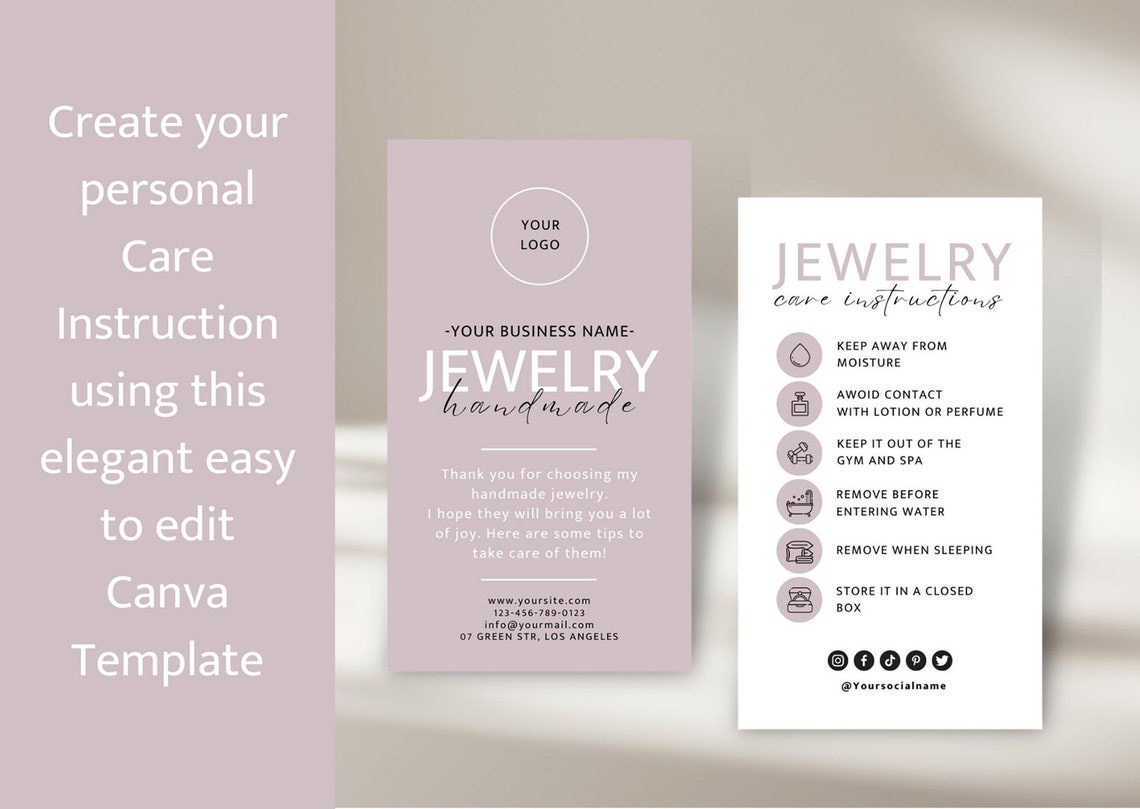 Jewelry Care Card, Printable Jewellery Care Instructions, Editable ...