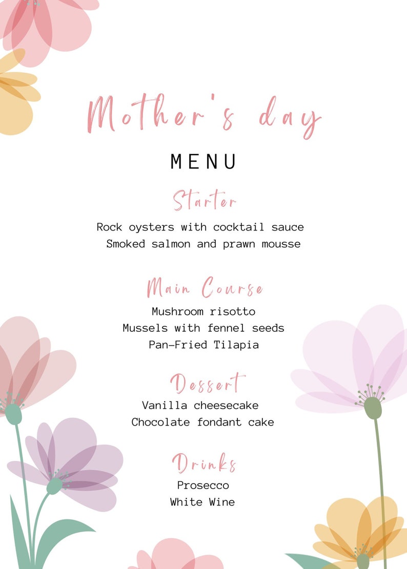 Mothers Day Menu Editable Template, Mother Day Dinner Menu, Mothers Day