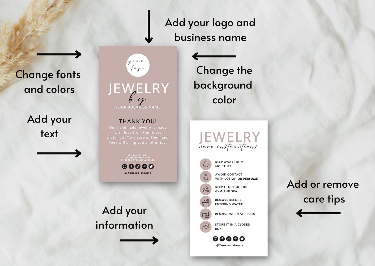 Jewelry Care Card, Printable Jewellery Care Instructions, Editable