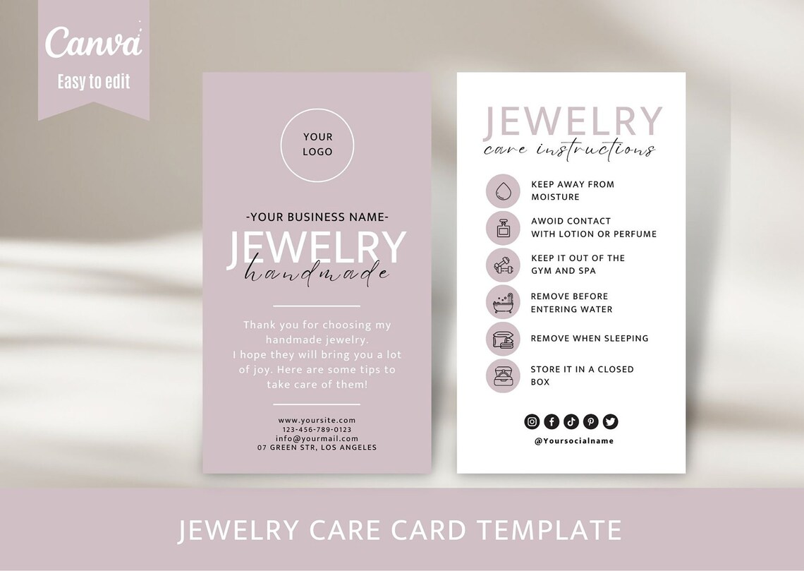 Jewelry Care Card, Printable Jewellery Care Instructions, Editable ...