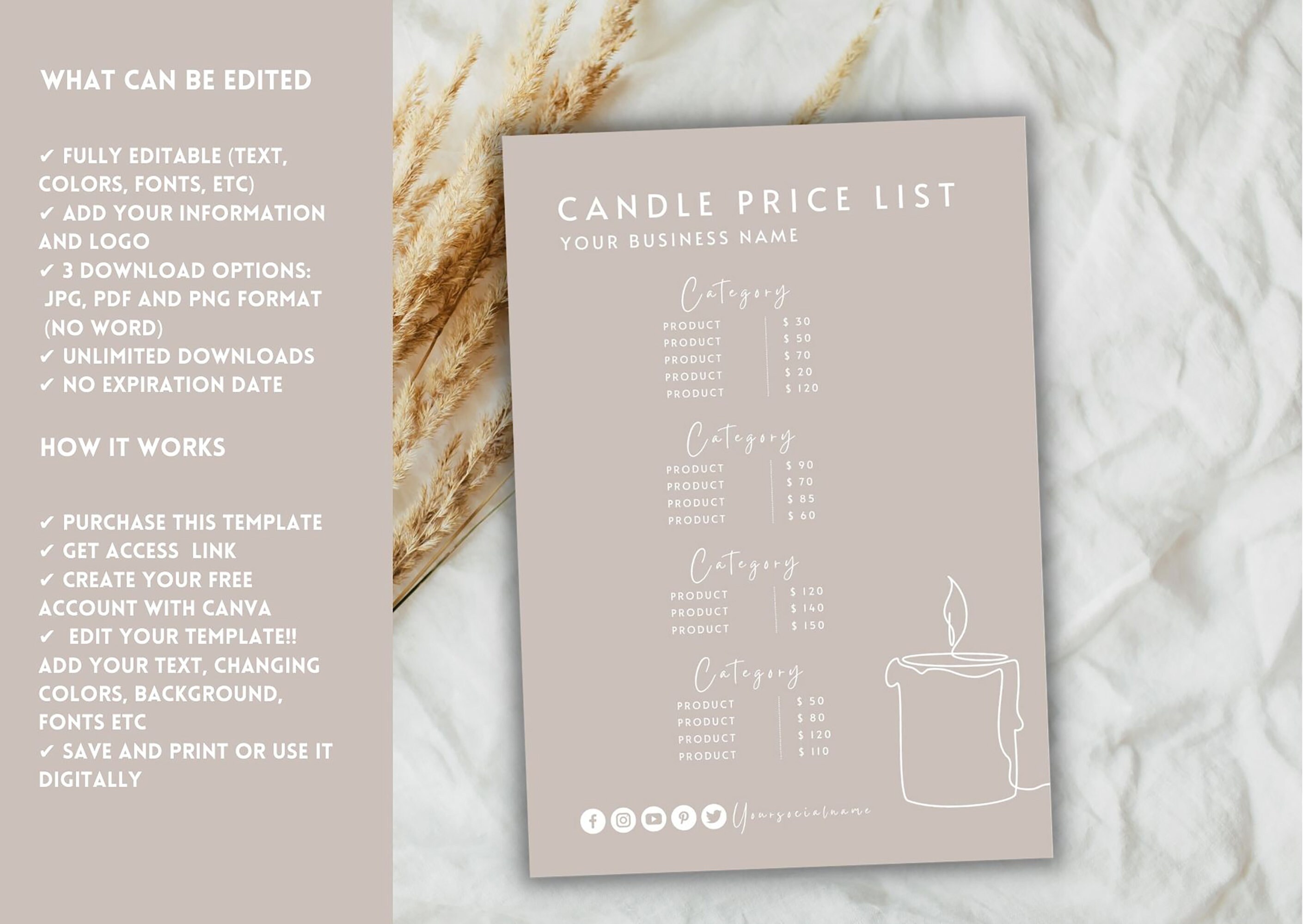 Boho Candle Price List Template Small Business Price List Etsy